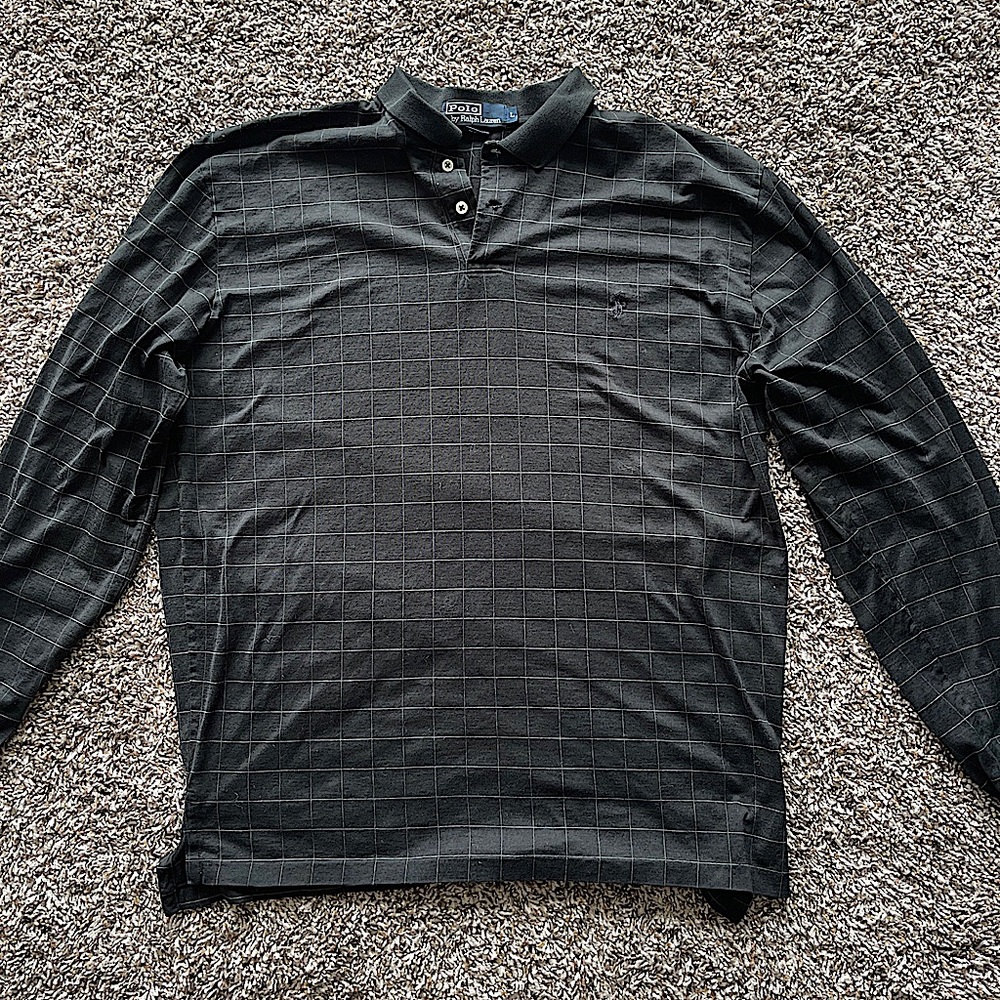 Polo Ralph Lauren Shirt Mens Black Grey Square Pony Long Sleeve Collared Large